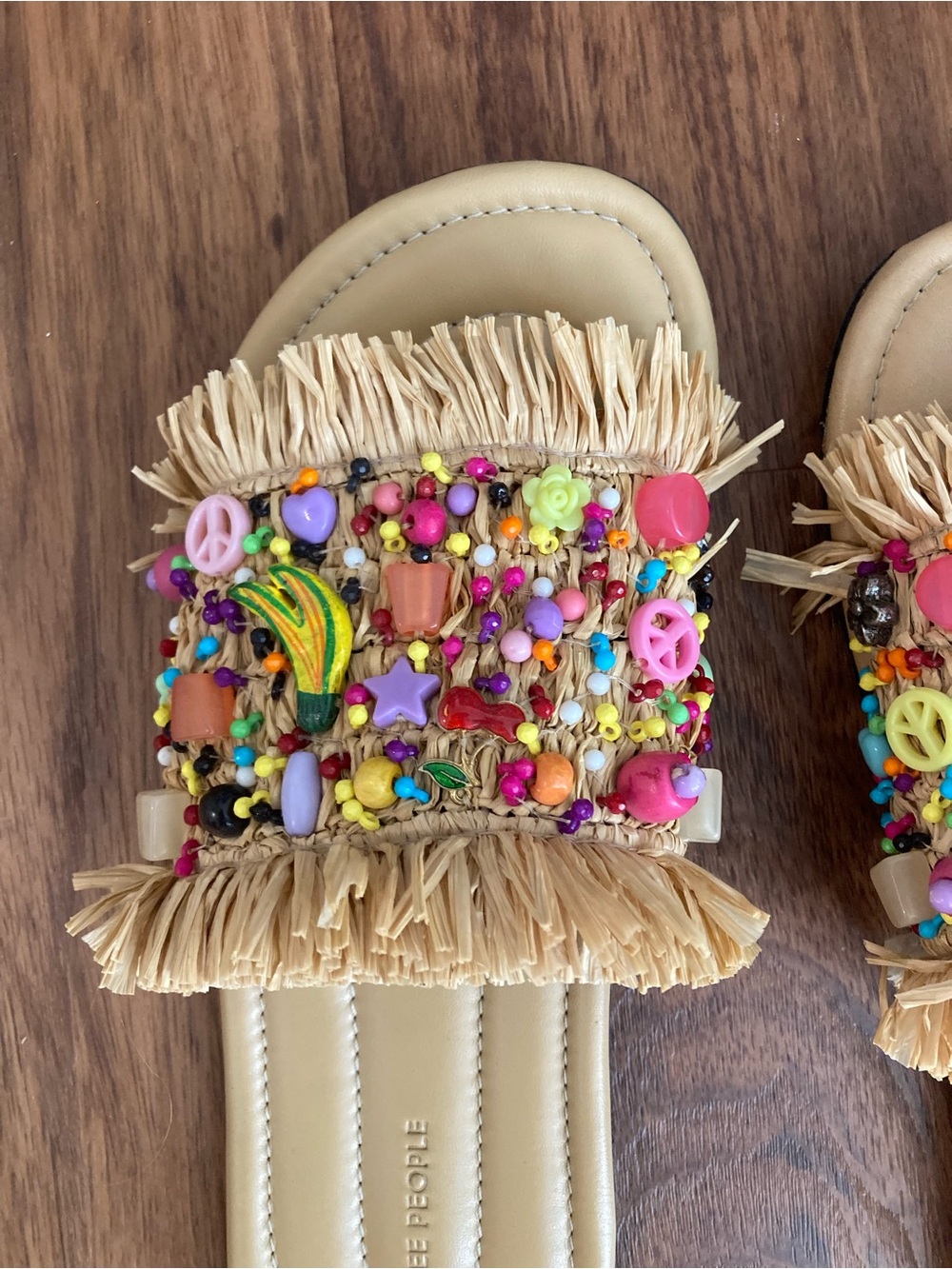 Free People Beige Raffia Slide Sandals with Multicolor Bead Embellishments - Picture 4 of 9